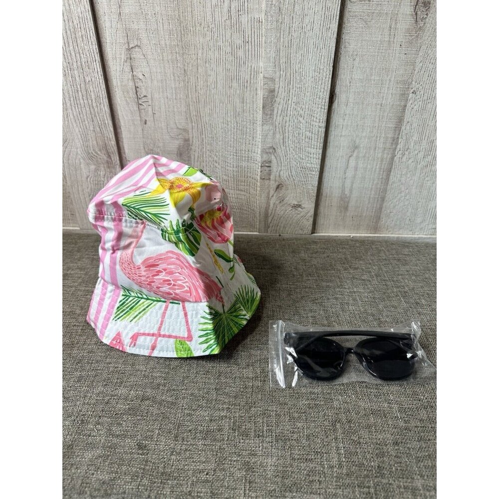 Hawaiian 4 pc Shirt Shorts Set Size XL w/ Bucket Hat & Sunglasses Beach Flamingo - Picture 7 of 8